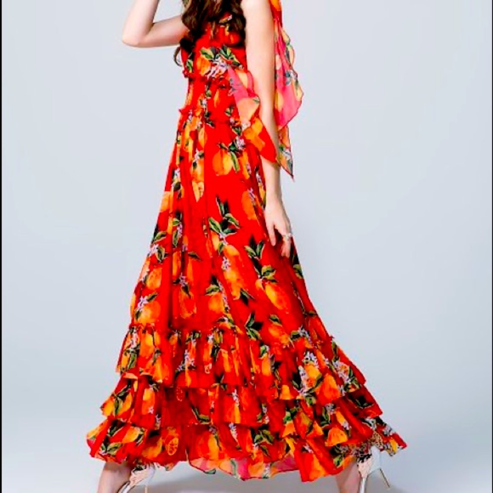 Sipaiya Red & Mango Ruffle-Trim Maxi Dress